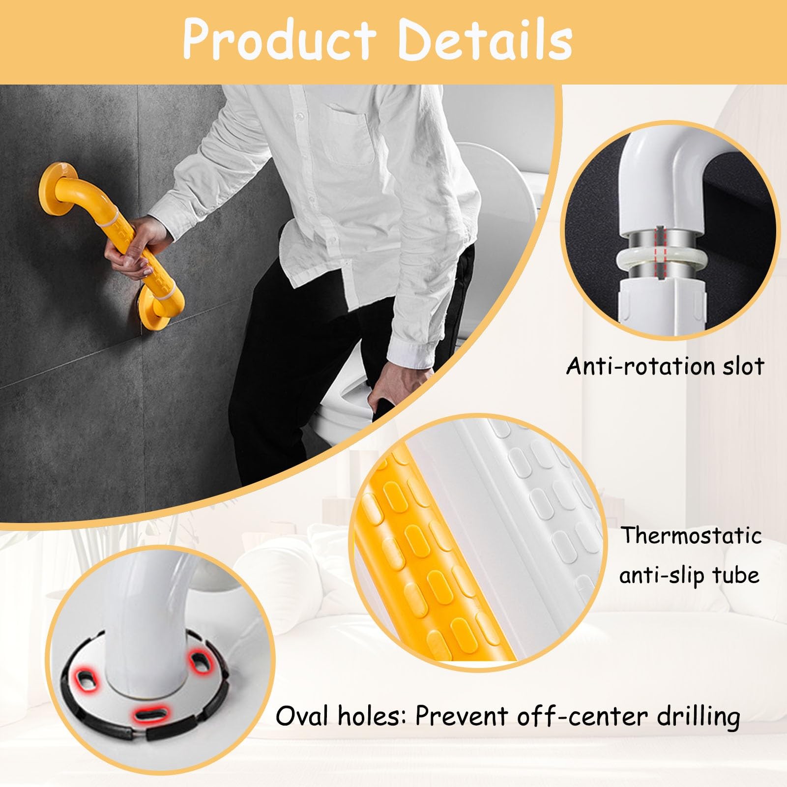 Maniglione di Supporto per Doccia e Vasca da Bagno, Cerchio di Sicurezza Fluorescente 38 cm 48 cm 58 cm, corrimano di Supporto per WC, per disabili, Anziani, infortunati, portasciu