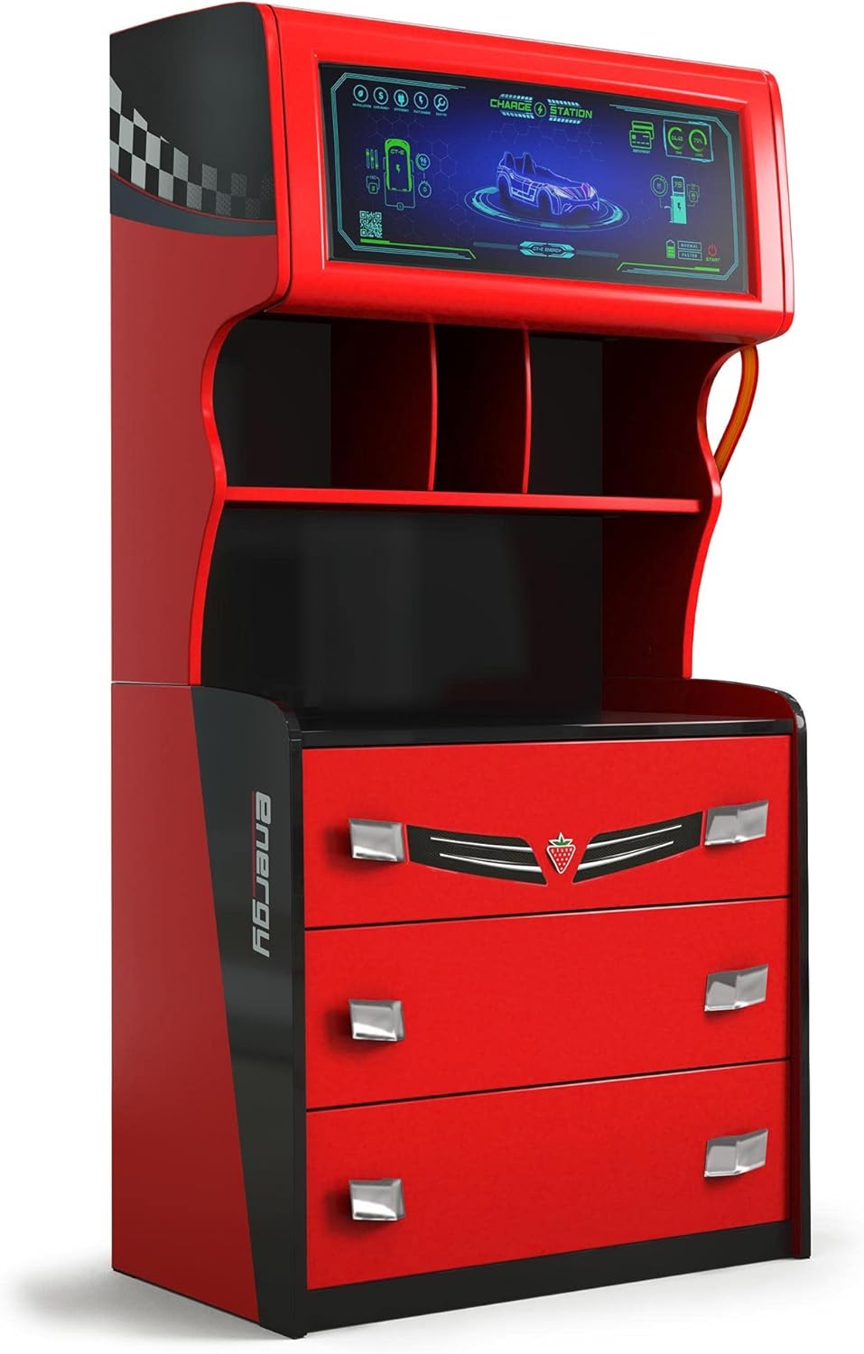 Cilek GTS EV 3 Drawer Chest with Cabinet, EV Car Charger Design, Extra Shelves, Soft-Close Drawers, Red