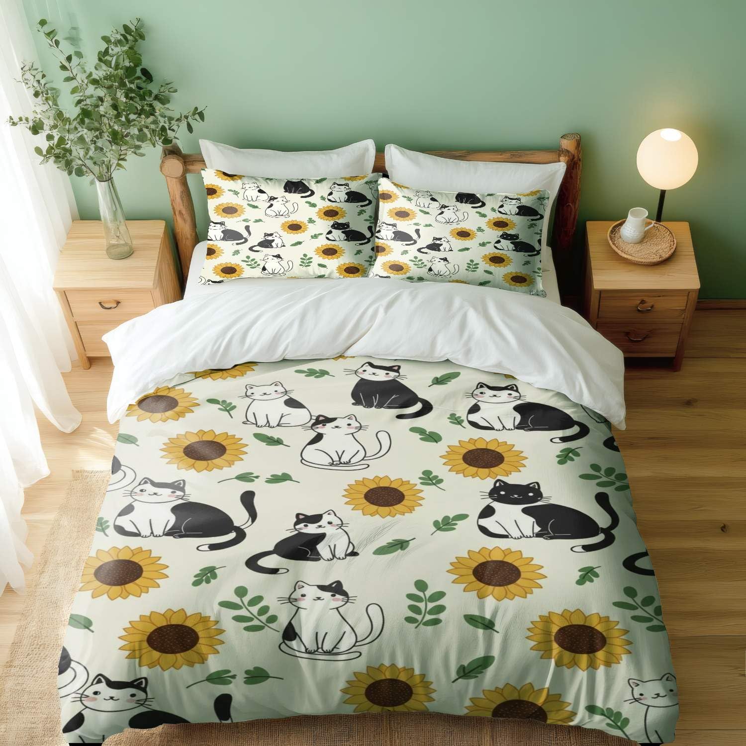 Housse de couette motif chat tournesol avec 2 taies d'oreiller 50x75 cm literie
