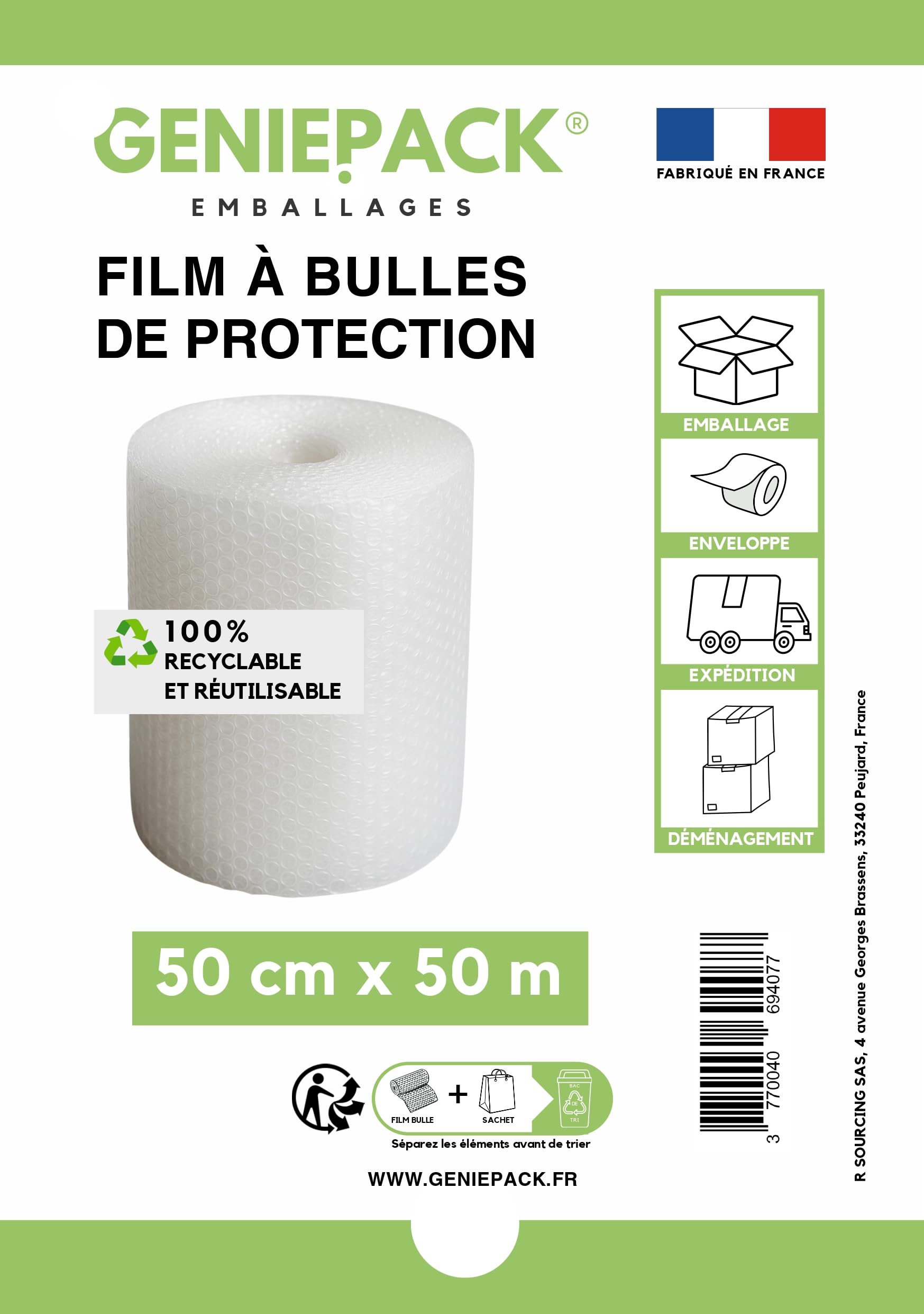 Film À Bulles Professionnel 50 cm x 50 m 60 Microns Bulles 10mm Protection Emballage Colis Déménagement Antichoc