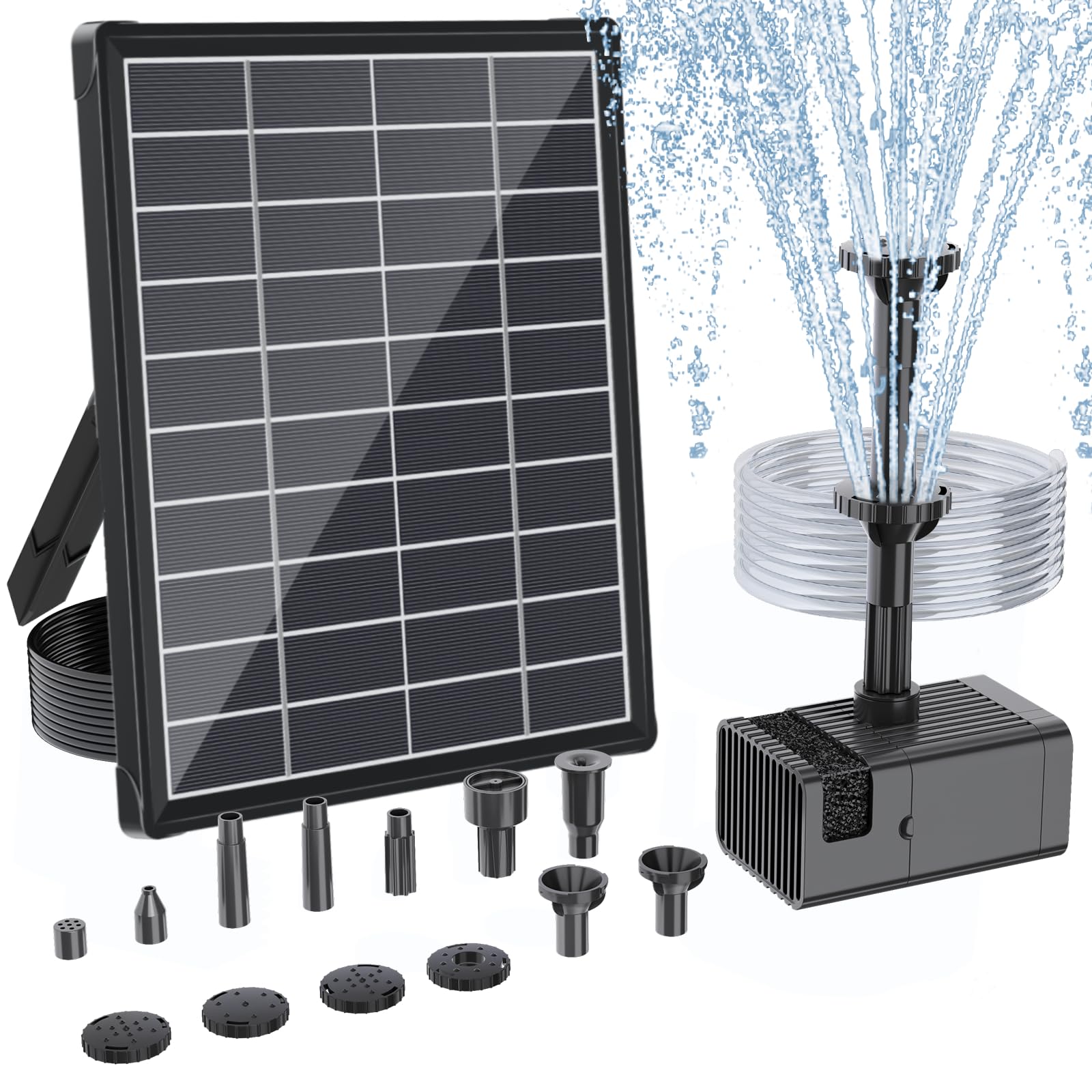 Antfraer Solarna pompa fontannowa 7 W, solarna fontanna do kąpieli dla ptaków z ochroną przed suchobiegiem, dwuwarstwowe dysze i 1,5 m, rura PCW do kąpieli dla ptaków, mały staw, wodospad, funkcje
