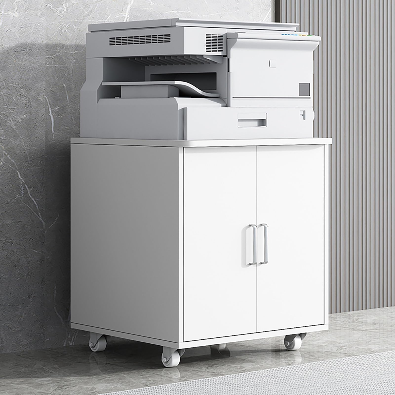 Soporte para impresora debajo del escritorio, gabinete de impresora estrecho de 60 cm con estantes, mesa de impresora moderna para espacio de trabajo (blanco, 60 cm de alto)