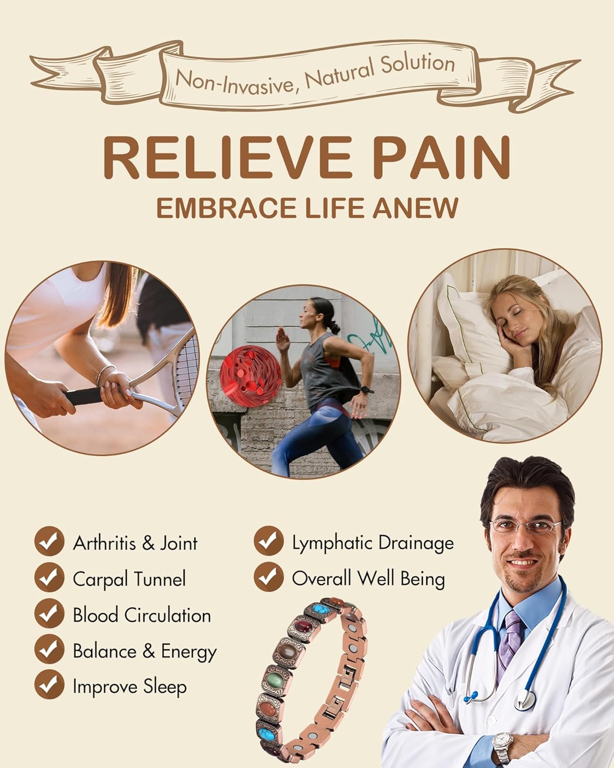 Feraco Pure Copper Bracelets for Women, Ultra Strength Magnetic Bracelet with 3800 Gauss Magnets & Natural Turquoise & Stones, Adjustable, Jewelry Gift - Image 4