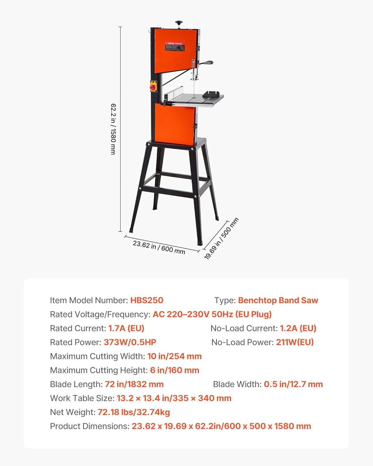 Dimensions diagram of VEVOR Band Saw HBS250