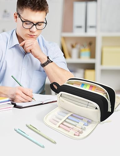 Miniatura 7 de SUNEE Lindo estuche para lápices, estuche estético para bolígrafos con 3 compartimentos, bolsa de lápices grande de color Kawaii con cremallera,