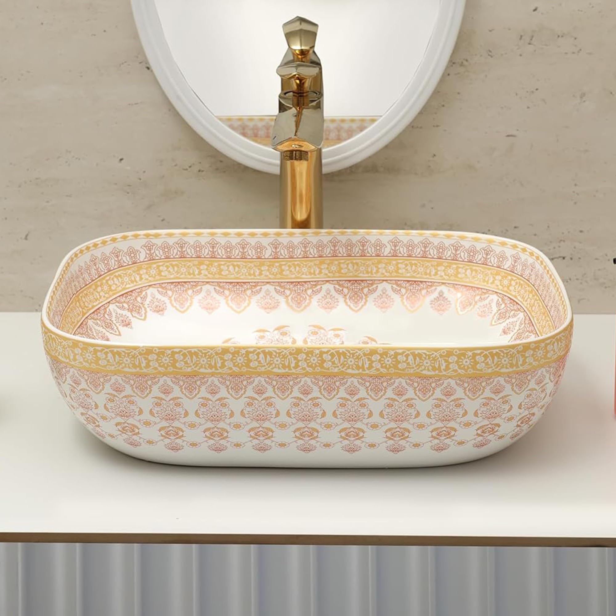Archstone Wash Basin for Bathroom-1 Year Warranty - Tabletop Washbasin - Ceramic Glossy Rectangle Designer Moroccan Countertop Vessel Sink, Dining Hall & Vanity 33x45x14.5 cm (Orange Moroccan) 1