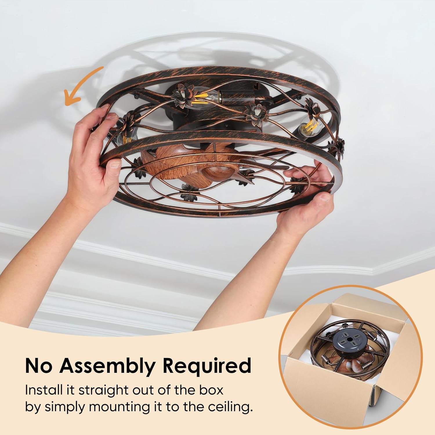 ropelux Caged Bladeless Ceiling Fan with Lights,Rustic Farmhouse, Low Profile, Super Quiet with Remote Control, 6 Speeds for Kitchen, Bedroom, Living Room (Black with Gold, 20inch)
