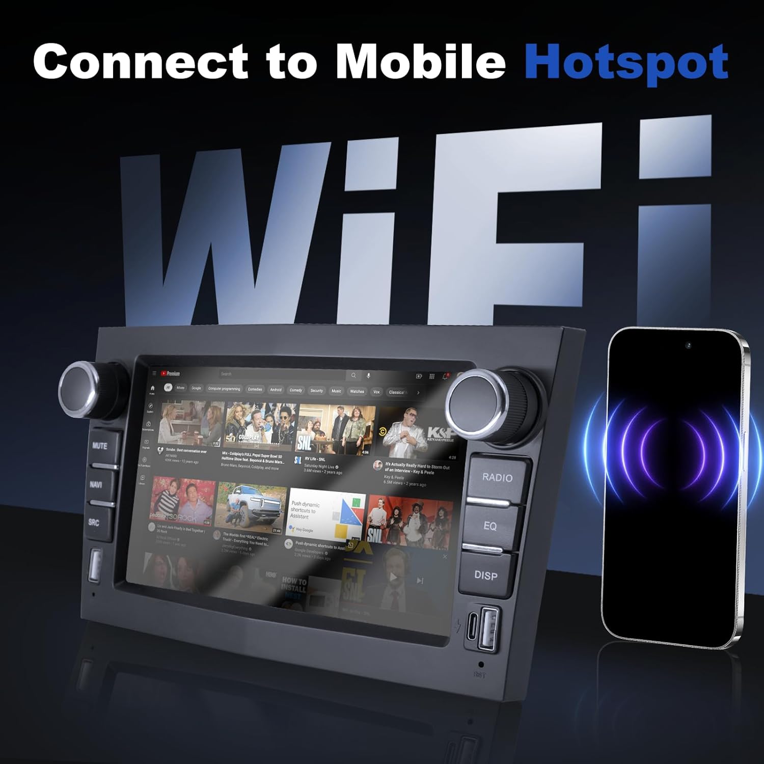 Image showing the car radio screen displaying YouTube content, with a smartphone nearby indicating a Wi-Fi hotspot connection.