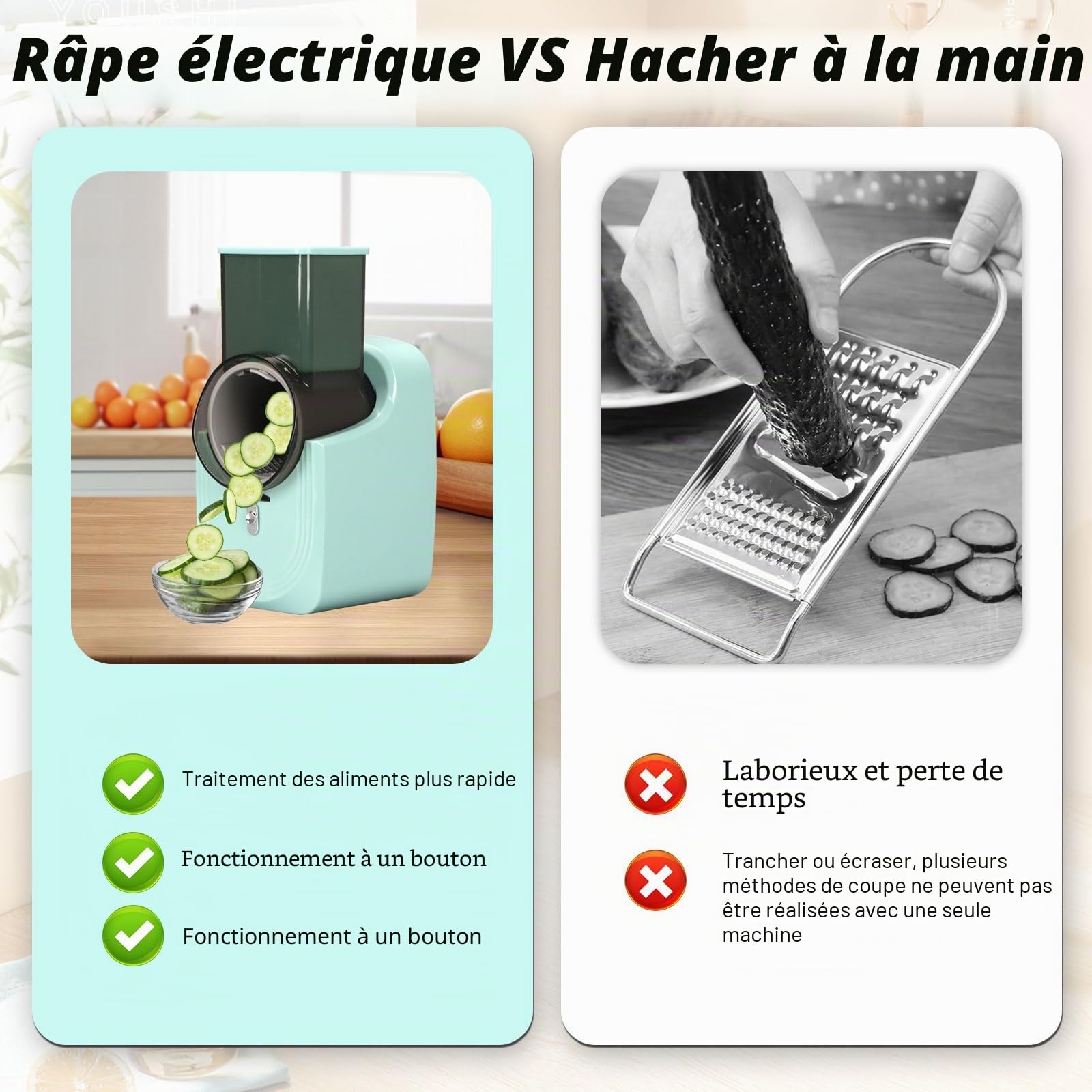 3 en 1 Rapeuse Legume Electrique, Decoupe Legumes Electrique avec 3 Lames, Facile à Nettoyer, 50W Coupe Legumes Multifonctions pour Fromage, Carottes, Pommes de Terre, Concombres