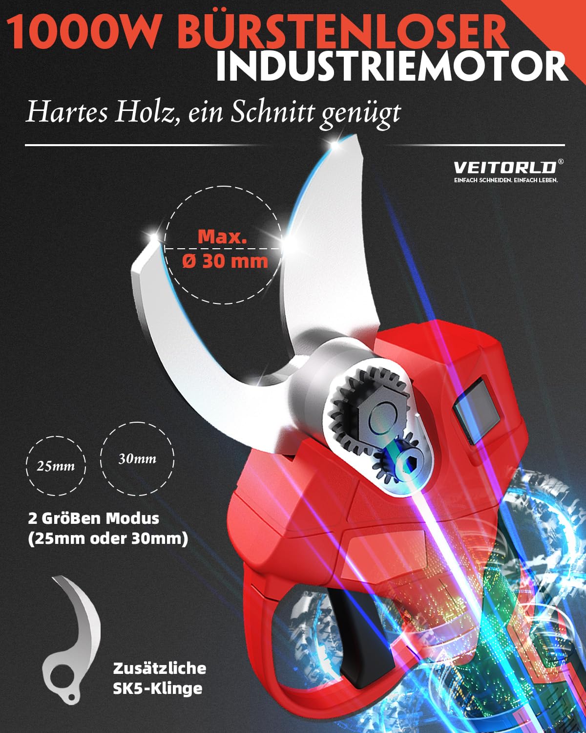 Veitorld Akku Astschere, 30MM Gartenschere mit 2 Akku 2000mAh, 1000W Bürstenloser Motor Bypass Baumschere, Elektrisch Garten Schere mit LED-Schnittzählerm -Geschenke für Männer Papa Mama Frauen