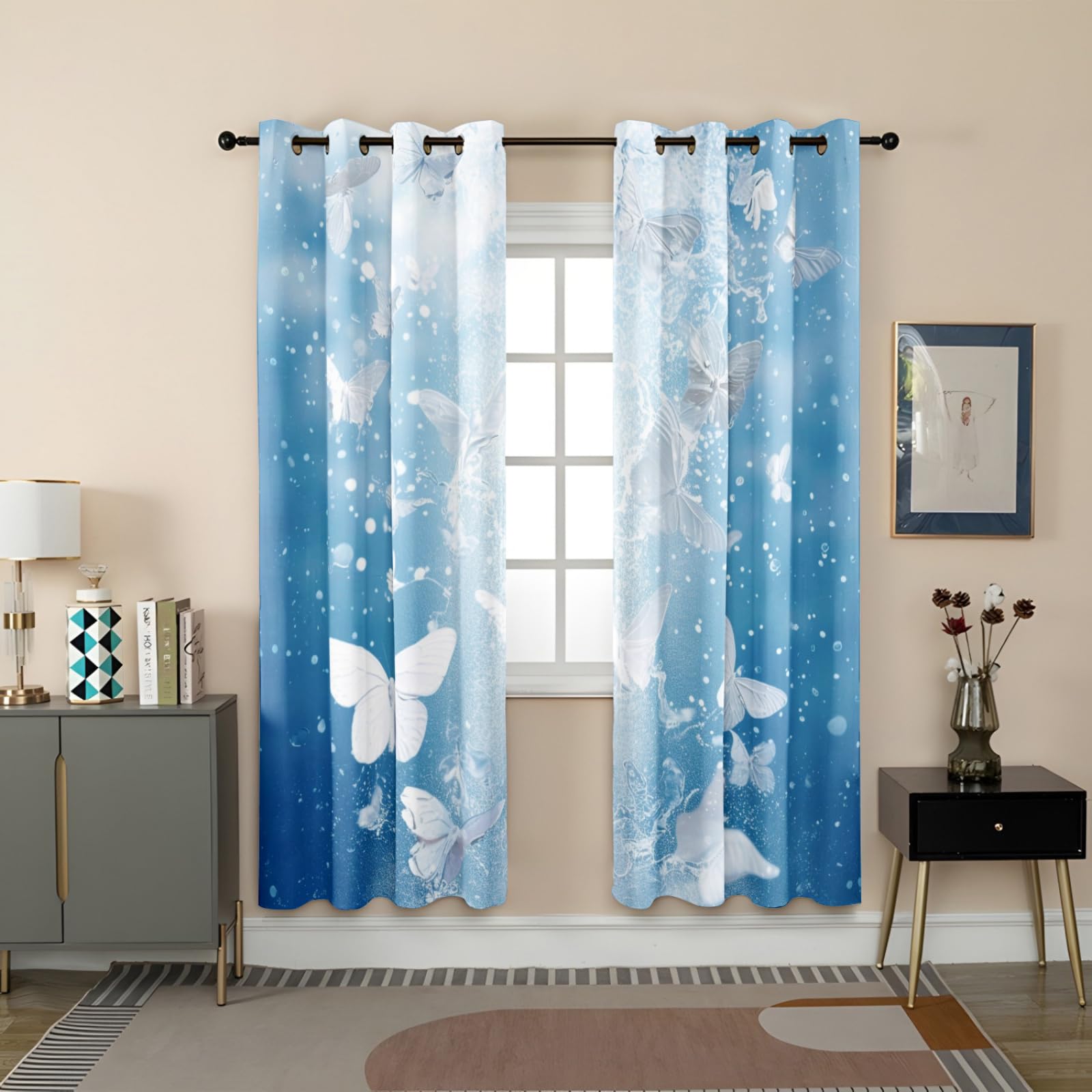 Curtain Grau Weiß Blau Vorhang mit Ösen Verdunkelungsvorhänge Polyester Gardinen Blackout Curtain Living Room Vorhänge mit Ösen Schlafzimmer Verdunklungsvorhang Thermogardine 2x140x260cm