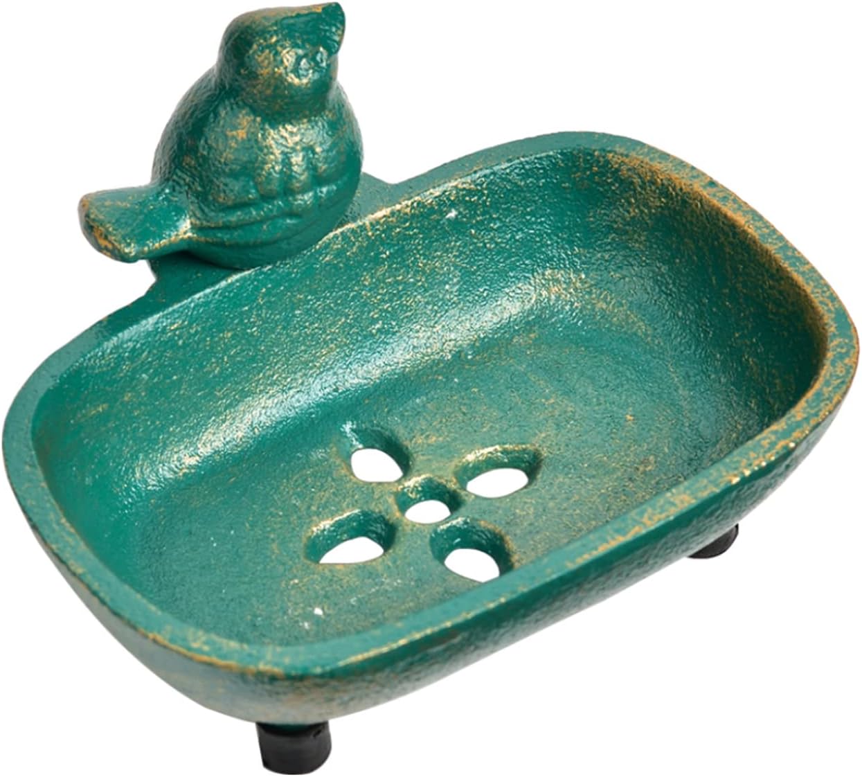Sungmor Heavy Duty Cast Iron Hand Soap Holder - Lovely Bird Shaped & Antique Green Finish - Decorative Tabletop Soap Dish Tray for Kitchen Bathroom Sink - Practical Bath Soap Box Container