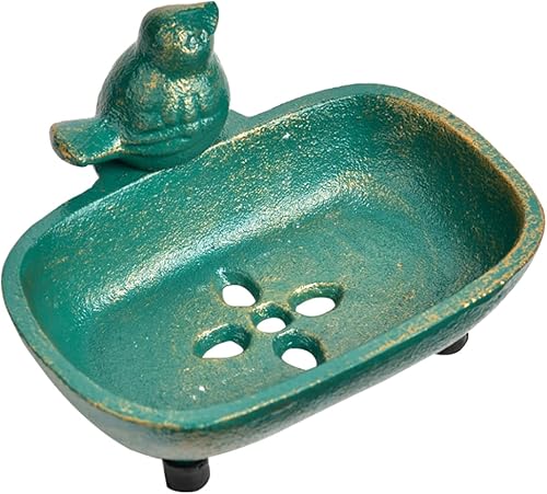 Miniatura 2 de Sungmor Soporte de jabón de manos de hierro fundido resistente, con forma de pájaro encantador y acabado verde antiguo, bandeja decorativa para
