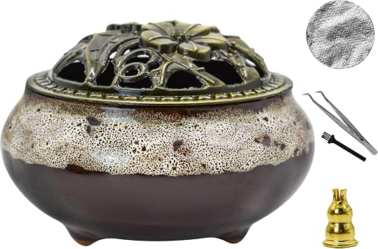 Ceramic Incense Burner with Lid, Incense Holder for Sticks Incense Cone Holder with Brass Stick Burner Holder for Yoga Meditation Home Decor Fambe Grey