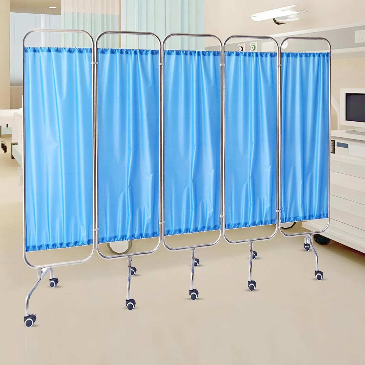 Medical Privacy Screen, Foldable Stainless Steel Medical Screen Curtains,3/4 Panel Mobile Medical Privacy Screen on Wheels for Emergency Room, Ward, Beauty Salon, Clinic (150)