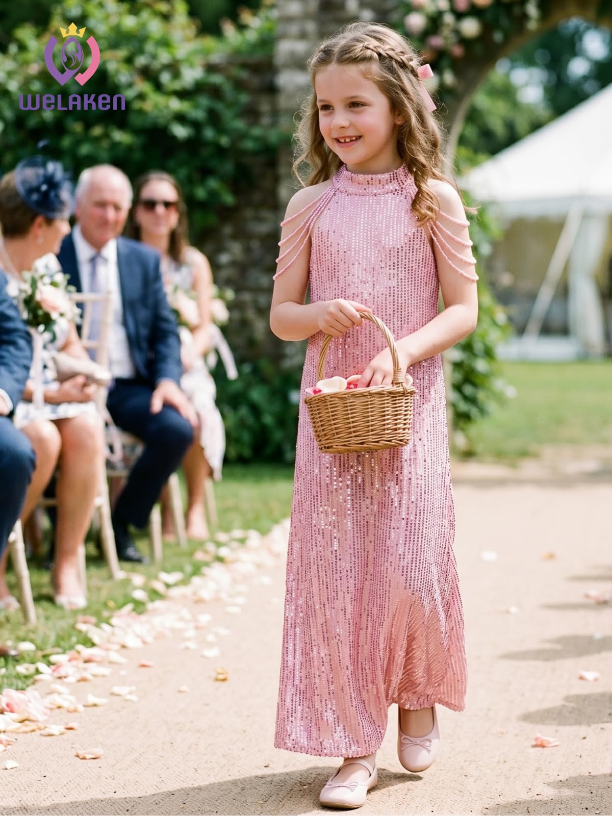 WELAKEN Paillettenkleid für Mädchen, glitzernd, Neckholder, ärmellos, lässig, Party, Hochzeit, Wirbelkleid