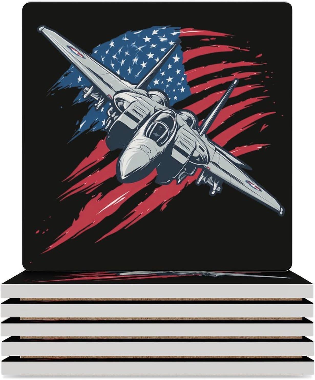 Fighter Jet US Flag Plane Coaster for Drinks Square Ceramic Table Coasters Stone Mat Crafts 6PCS Home Kitchen Decor