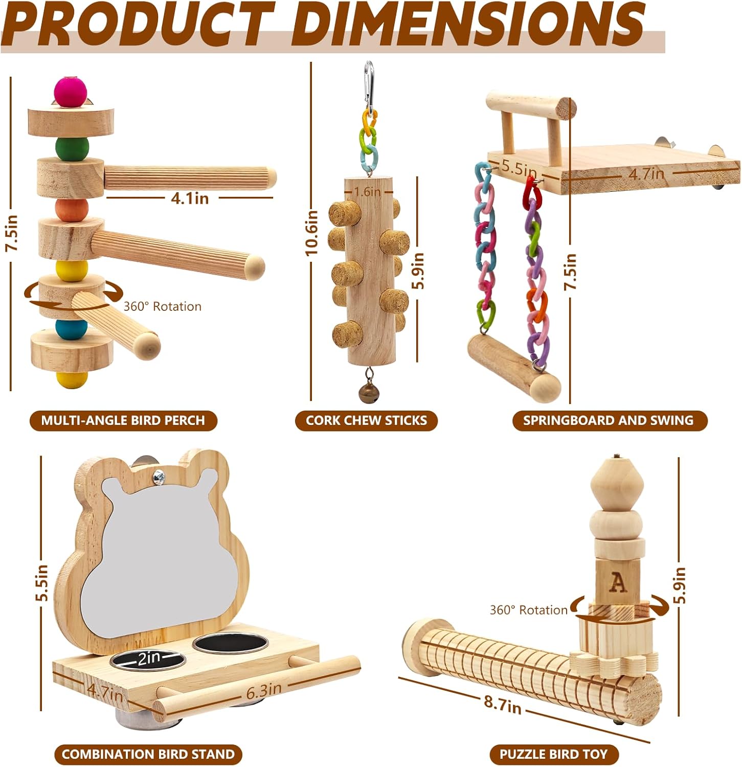 5PCS Bird Perch and Toy Set. Includes a Perch, Feeder, Swing, and Chew Toy. Hangable Natural Solid Wood Birdcage Accessories, Suitable for Small Budgies, Cockatiels, Conures, Lovebirds, Etc.