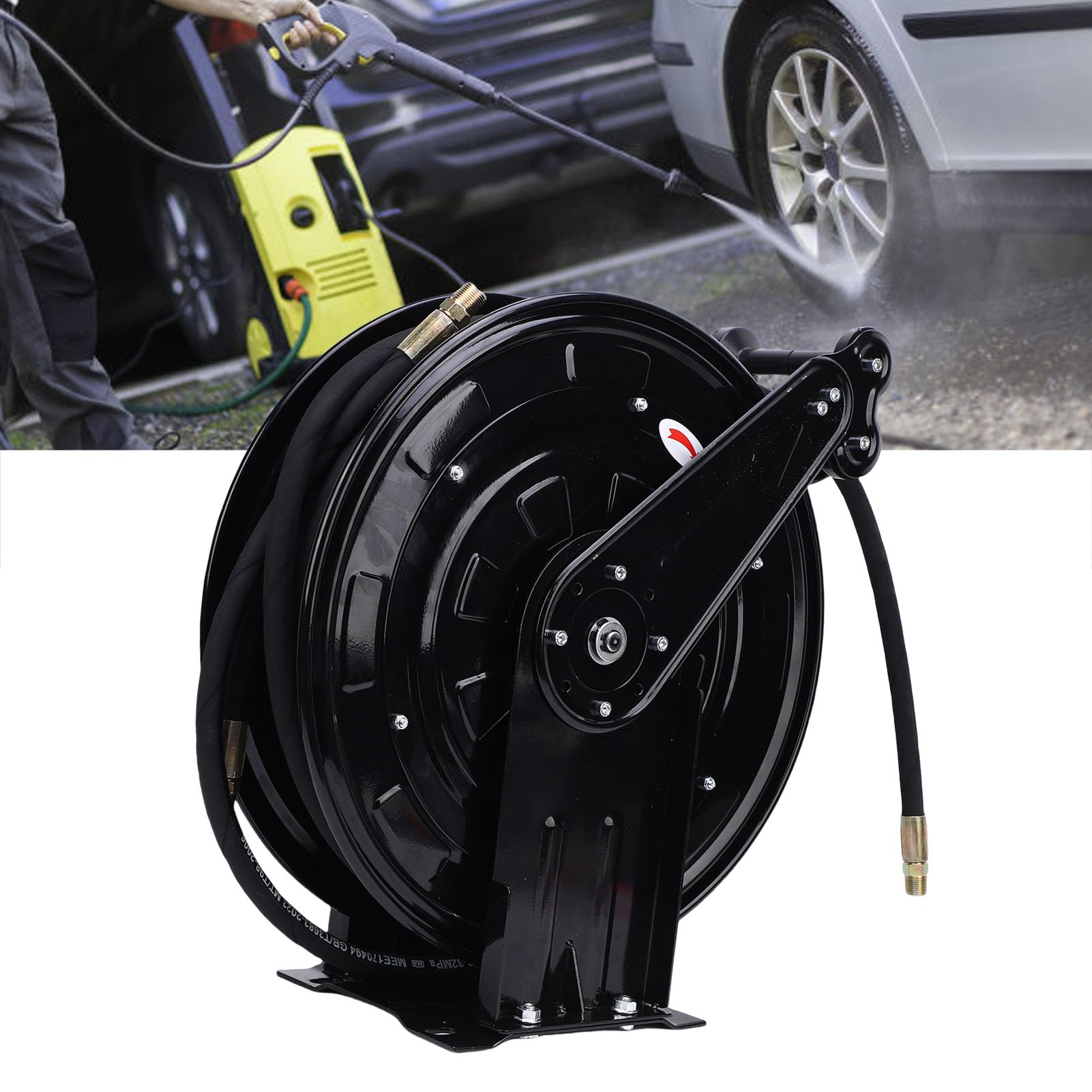 Hochdruckreiniger-Schlauchtrommel, 2-armig, 3/8 Zoll X 49,21 Fuß, Einziehbar, 4000 PSI, mit 49,21 Fuß Schlauch, 4,9 Kabel, M22-Anschluss, für Luft, Öl, Wasser