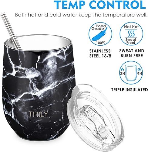 Miniatura 2 de THILY Vaso de vino de acero inoxidable de 12 onzas con aislamiento al vacío con tapa y pajilla, mantiene las bebidas frías o calientes, regalo de