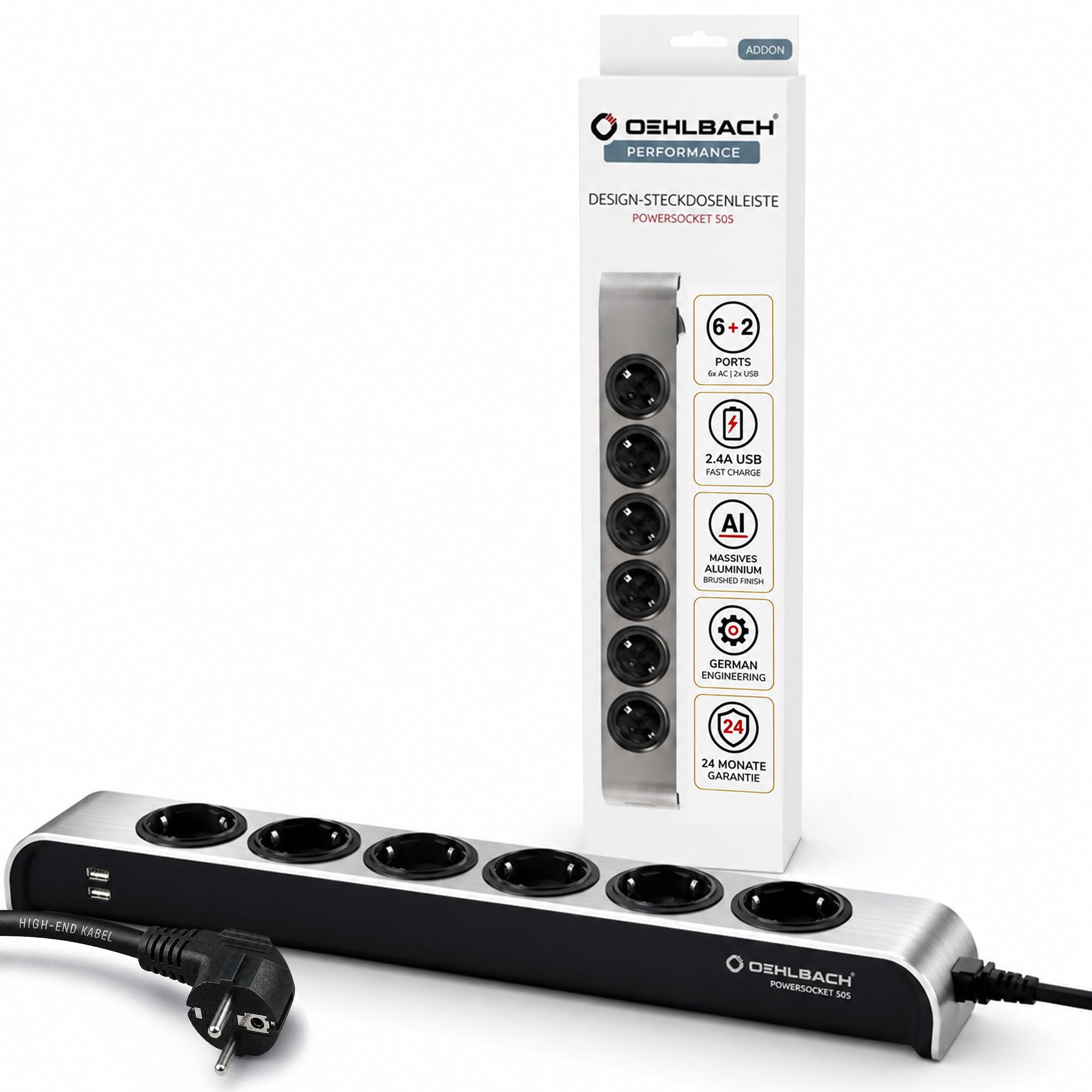 Oehlbach Powersocket 505 Multiprise de Haute qualité Design Compact, 2 Ports USB Haute Puissance pour Tablette et Smartphone Anthracite