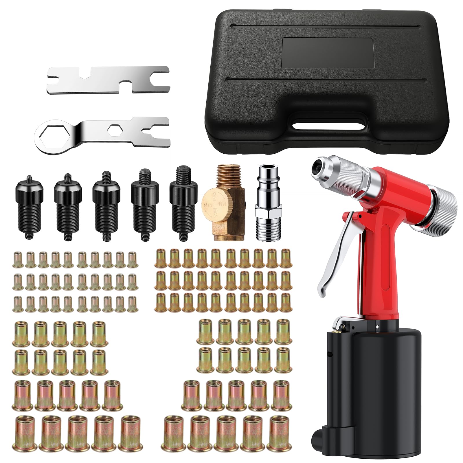 Proster Remachadora de Tuercas Neumática con 100 Tuercas M4M5M6M8M10 Pistola Remachadora Neumática con Herramienta de Remachado con 5 Mandriles y 2 Llaves para Trabajos Pesados en Casa Garaje Taller | Herramienta de tuerca neumática con 5 piezas de nariz