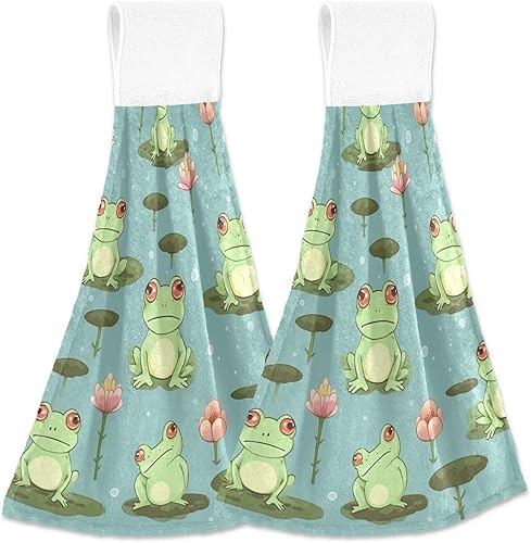 CHIFIGNO Funny Frogs Flowers - Toallas de mano para colgar en la cocina, 2 paños suaves de coral con lazo, toallas faciales superabsorbentes para