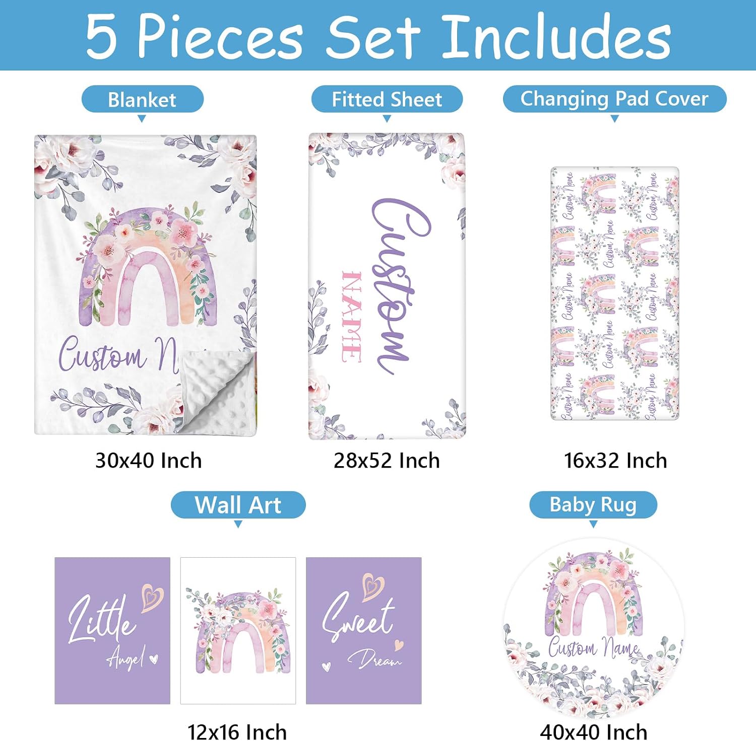 Personalized Crib Bedding Set for Baby Girls Boys, 5 Pcs Rainbow Baby Bedding Crib Sets, Custom Name Baby Crib Set, Newborn, Infant & Toddler Nursery Bedding Set Decor, Customized Gifts