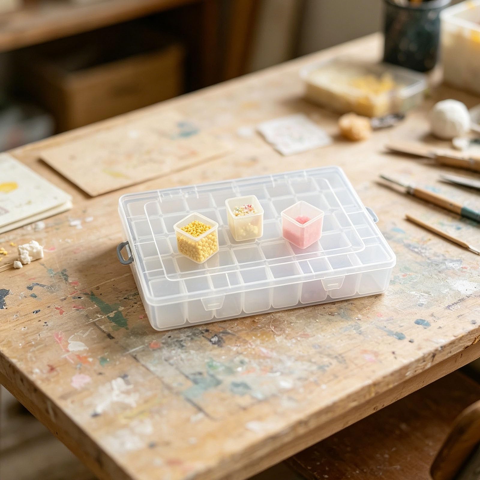 Aufbewahrungsbox für Kleinteile Haushalt, durchsichtige, Geteilte Kunststoffbox mit Deckel, transparenter Behälter für Schubladensortierung und Bastel Aufbewahrungskoffer