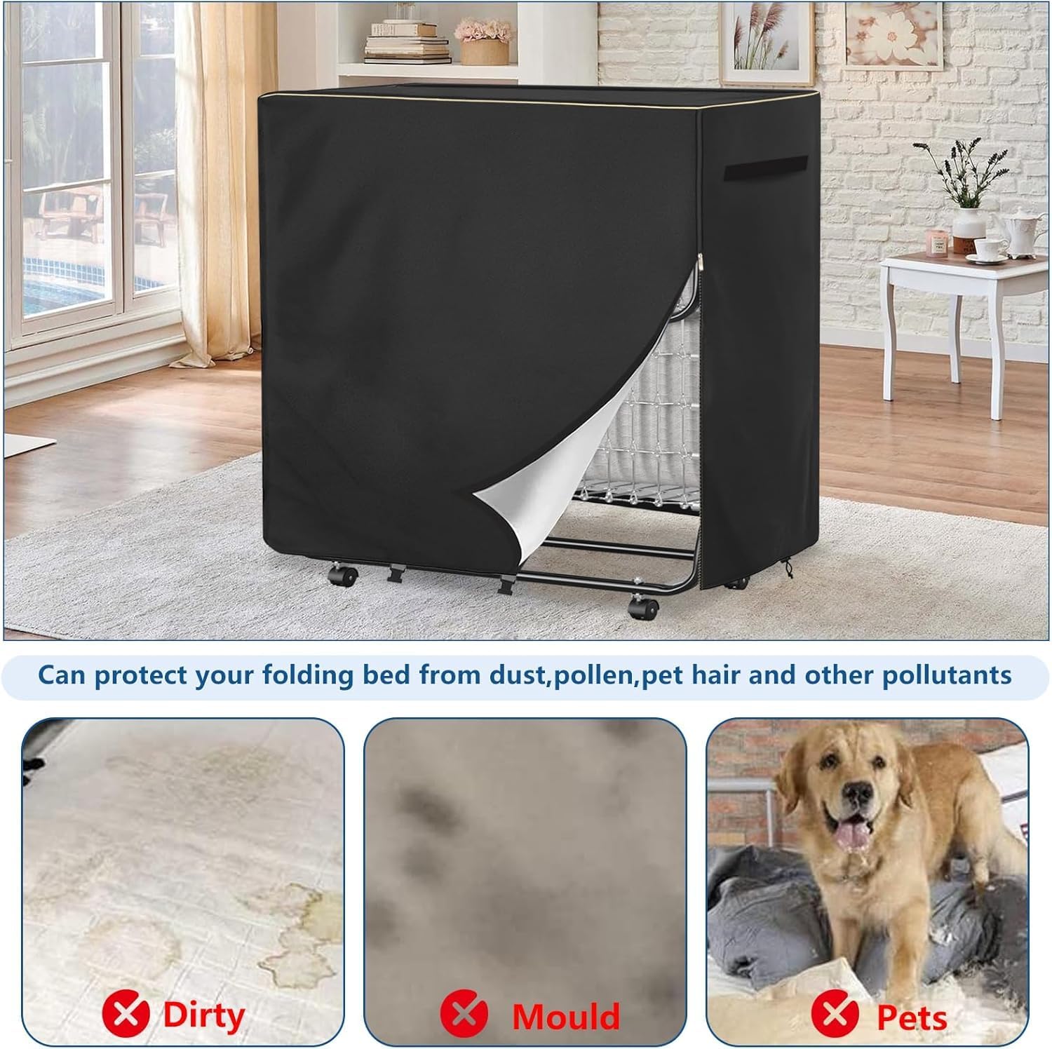 Heavy Duty 600D Folding Bed Cover,Folding Bed Waterproof Dustproof Storage Cover Dustproof with Zippered for 75x54 Inch Rollaway Beds,Black