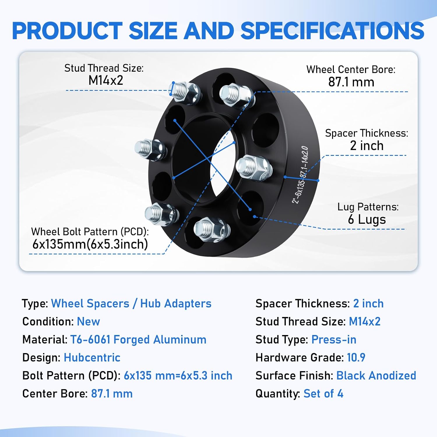 4Pcs 2 inch Hubcentric Wheel Spacers PCD 6x135 mm 6x5.3 inch Center Bore 87.1mm with M14x2 Studs for 2003–2014 Expedition / 2004–2014 F-150, for 2006–2014 Mark LT / 2003–2014 Navigator