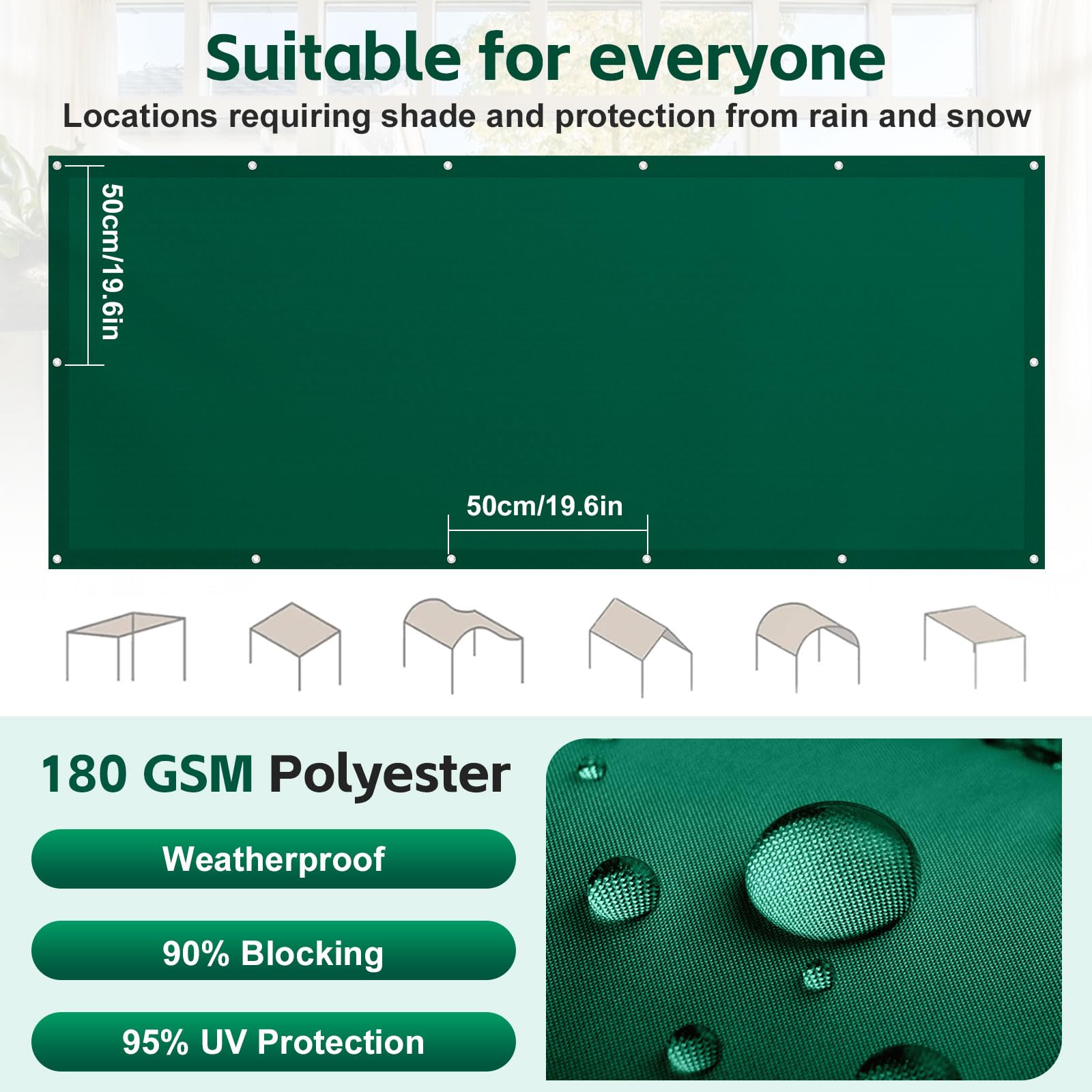 Zonnezeil, waterdicht, rechthoekig, 2 x 3 m, zonwering, terras, uv- bescherming, weerbestendig, zonder boren, 100% polyester, schaduwnet met inslagringen en touw, voor pergola, groen