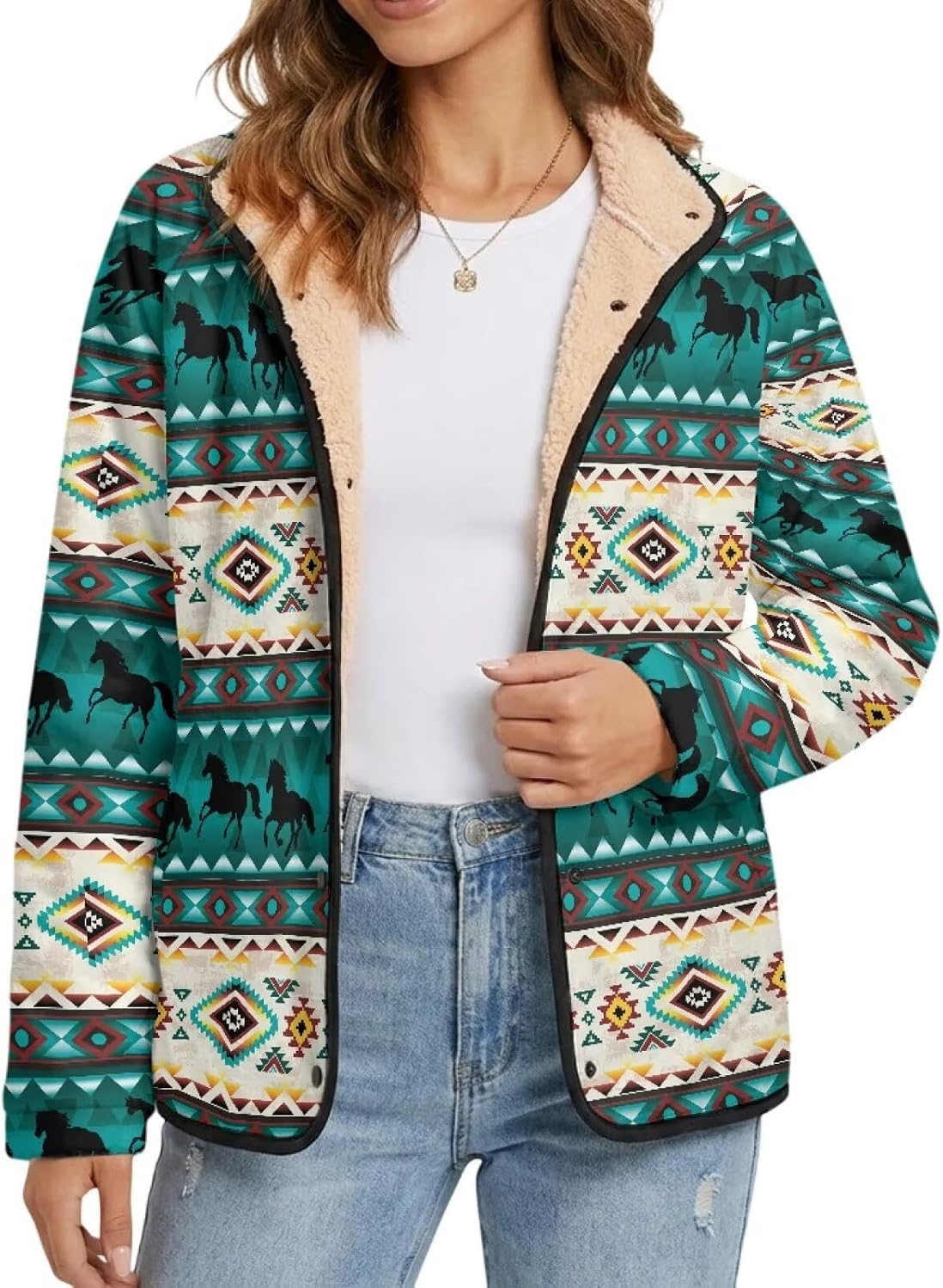 Women's Fuzzy Fleece Snap Front Sherpa Lined Jacket with Pockets