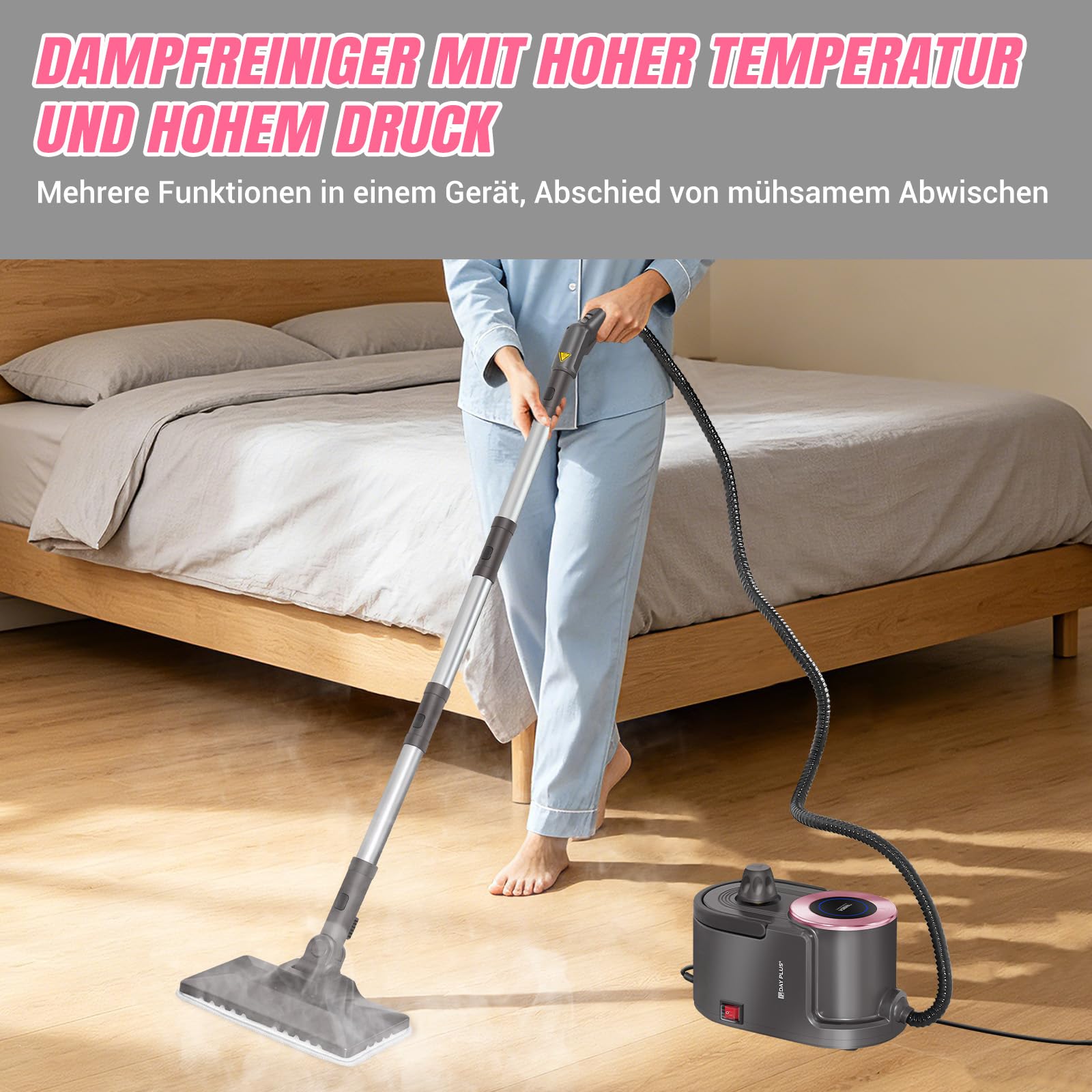 Myjka parowa 2000 W, wysokociśnieniowy mop parowy 4,5-5 bar, duży zbiornik 1,9 l (pojemność 1,6 l) i praca ciągła 40 min, szybkie nagrzewanie 8 min, kompletny zestaw akcesoriów, 3 m długi kabel