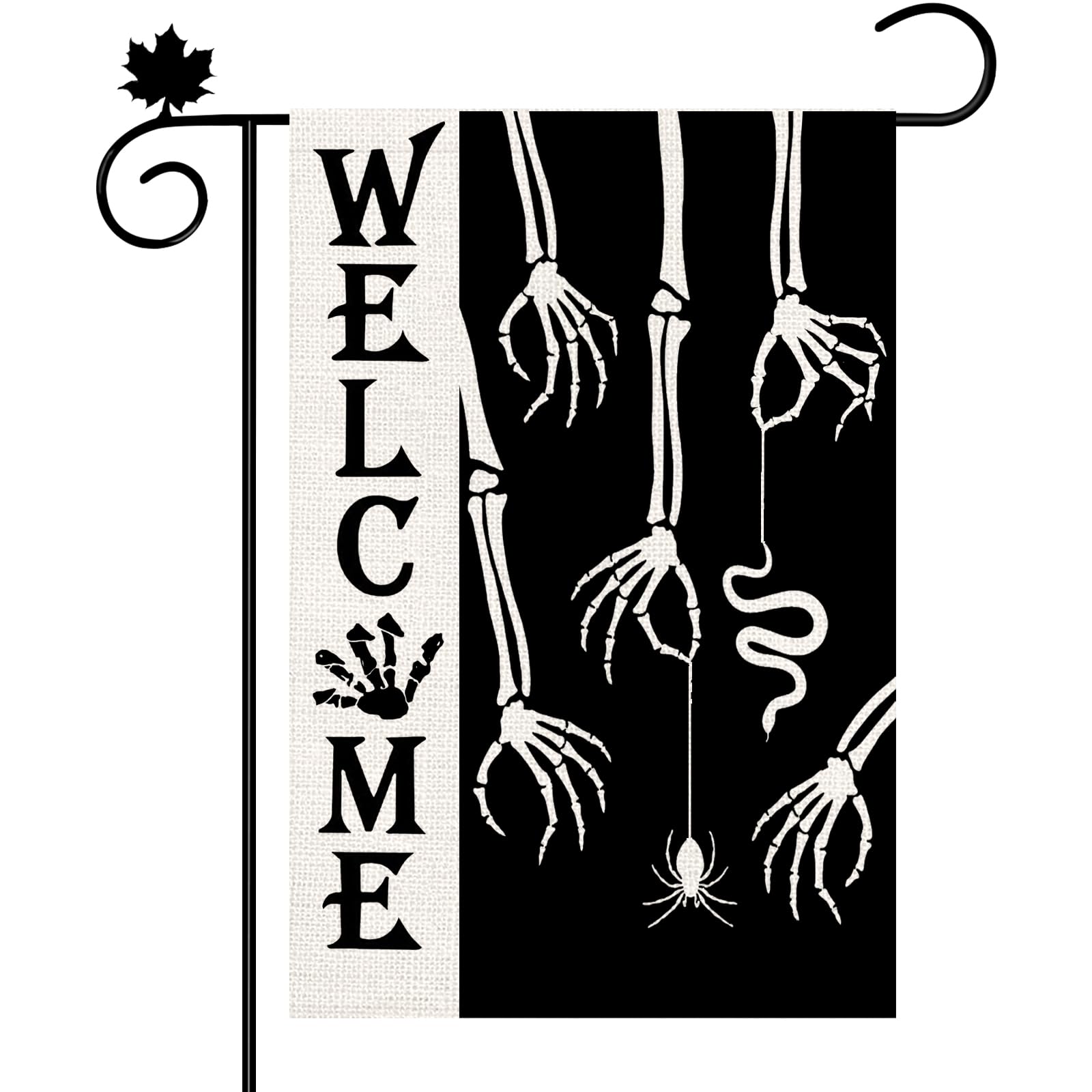 Skeleton Hand Halloween Small Garden Flag Double Sided Outside, Burlap Welcome Skull Skeleton Flag Spider Spooky Rustic Farmhouse Halloween Yard Flag for Holiday Props Spooky Party Decor 12 x 18