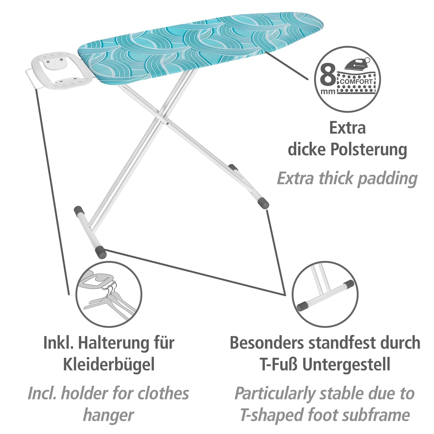 WENKO Bügeltisch Supreme, Bügelbrett mit großer Bügelfläche (120x42 cm) und extra dicker Polsterung, rückenschonend höhenverstellbar, stabiles Gestell aus Metall in Weiß, zusammengeklappt: 164x42x6 cm