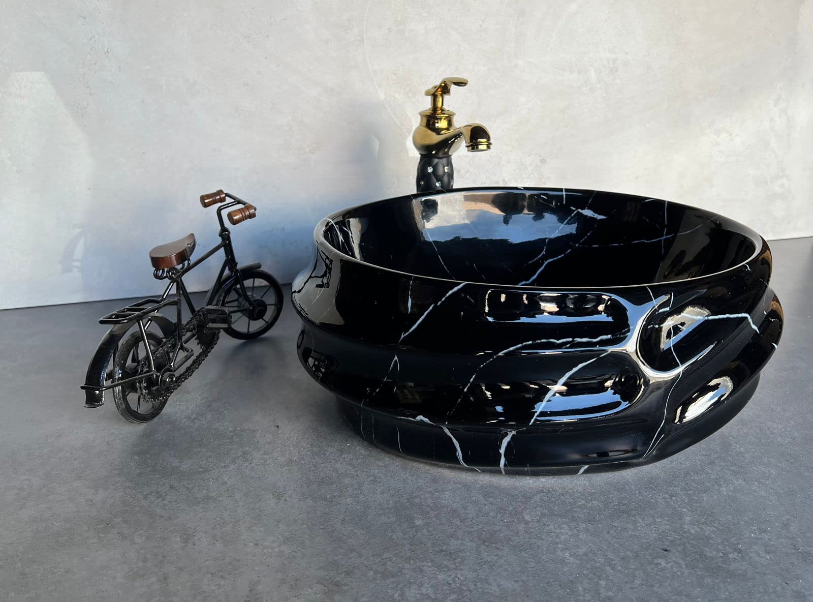 NEXIS Designer Glossy Finish Ceramic Art Wash Basin Vessel Sink Table Top | Collapsible Wash Basin (Black White Glossy Art Wash Basin, 16 x 13 x 6 Inch) 4