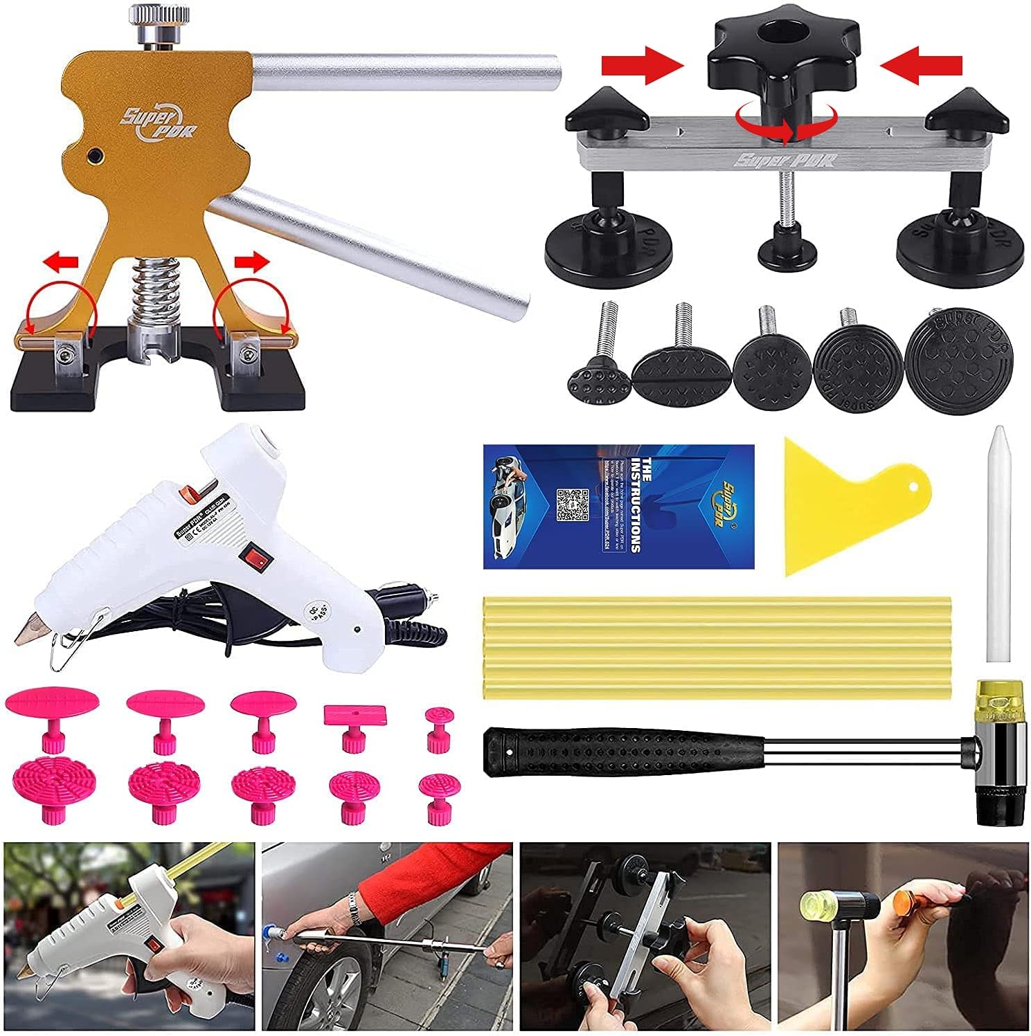 Uhomer Car Dent Puller, Paintless Dent Removal Kit with Golden Dent Lifter, Bridge Dent Puller, Glue Gun, and Glue Sticks for Metal Surface Dent Removal and Hail Damage Dent