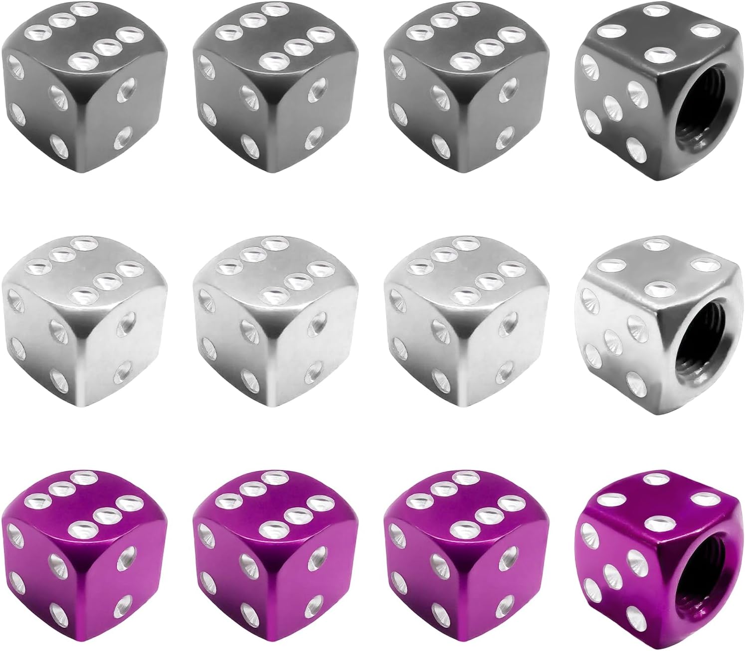12 PCS Aluminum Dice Valve Stem Caps, Dustproof Anti-Leakage Dice Auto Tire Valve Covers, Decorative Airtight Tire Stem Cover Universal for Most Cars Trucks Motorcycles (Gray+Purple+Silver)