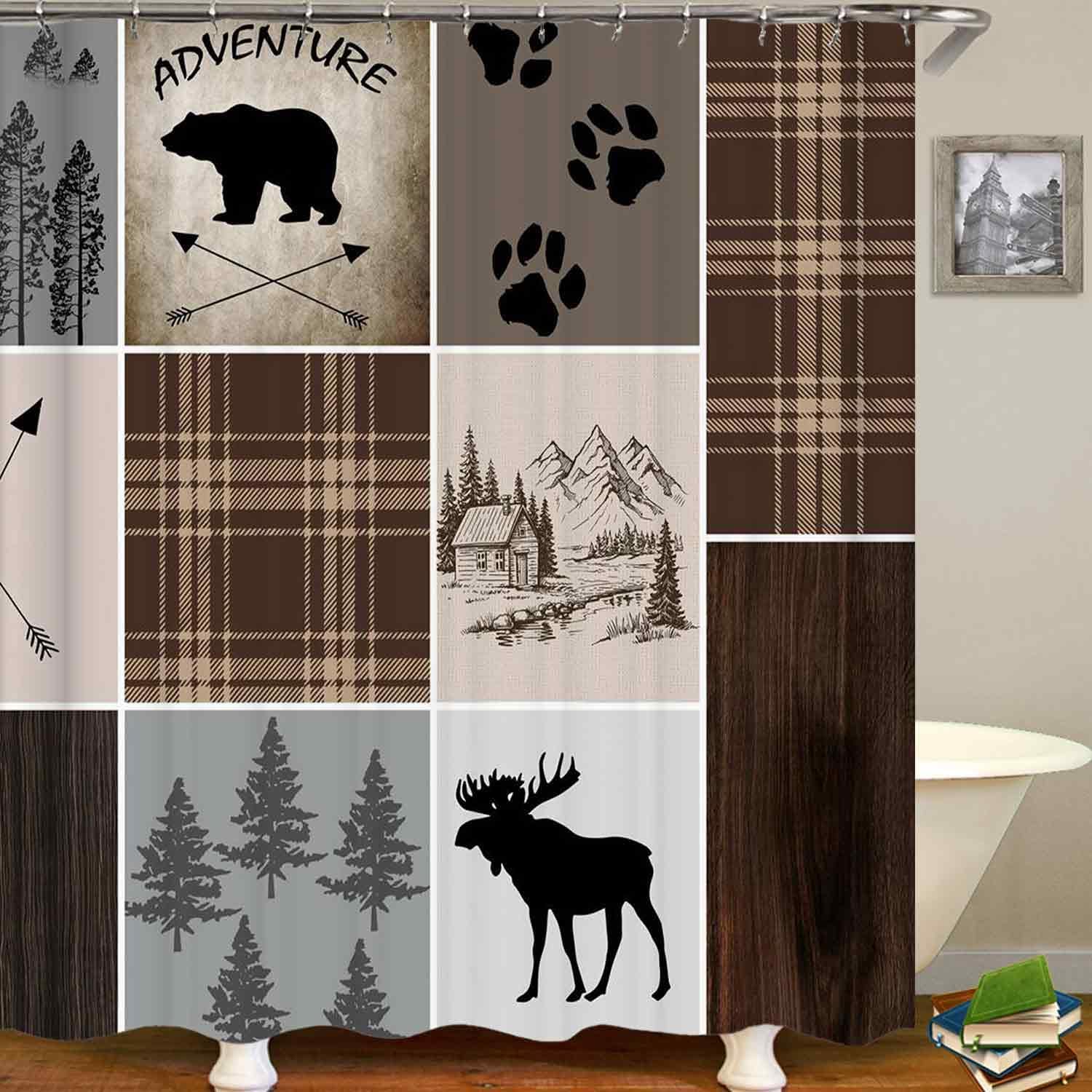 4PCS Black Bear Deer Shower Curtain Sets with Rugs, Waterproof Fabric Shower Curtain Patchwork Brown Plaid Elk Moose Wildlife Forest Hunting Lodge Country Farmhouse Rustic Cabin Bathroom Decor