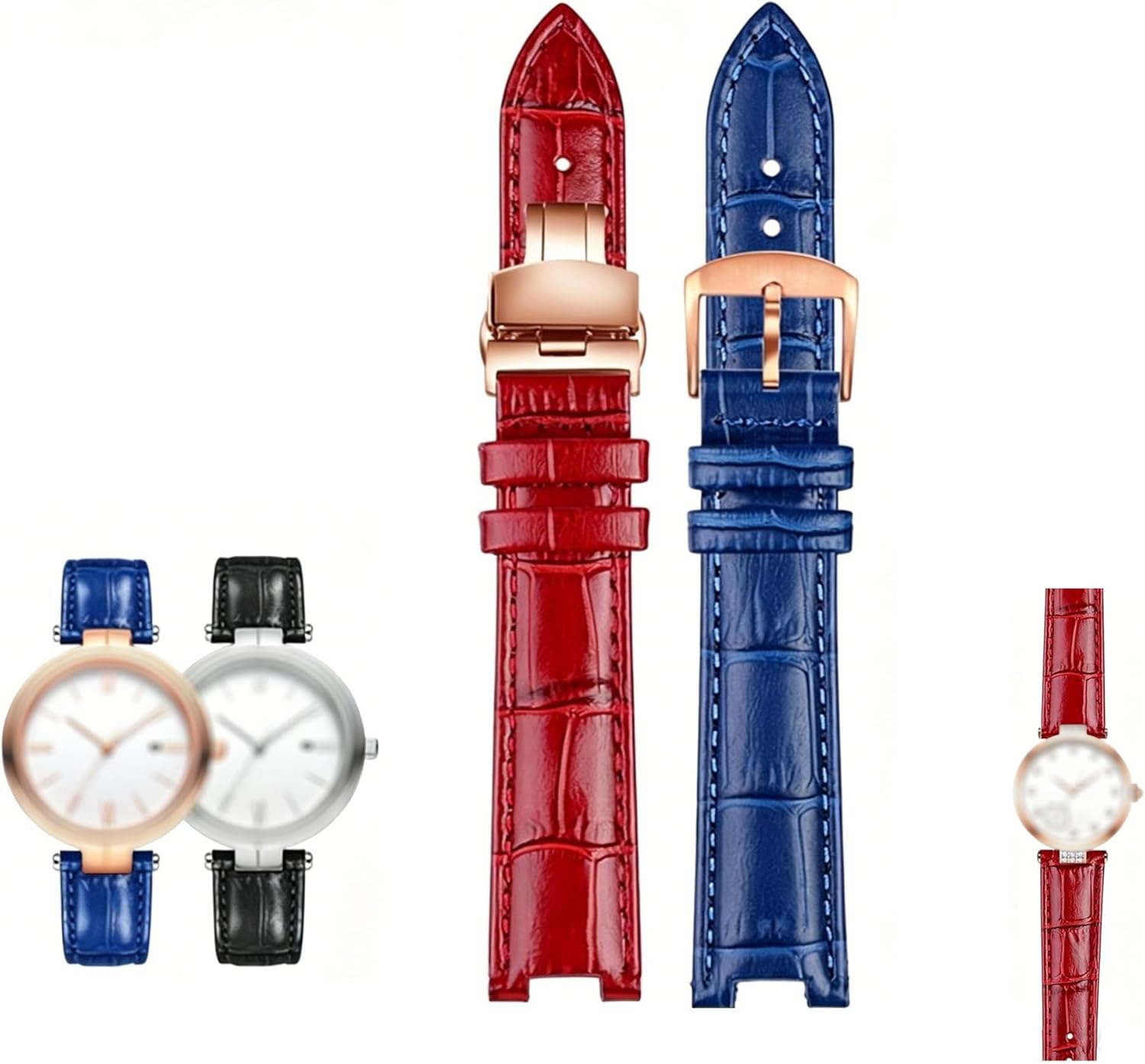 Genuine Leather Watch Strap for Women, Notched Design Replacement Band, Sapphire Blue/Red, 5mm/7mm 516752