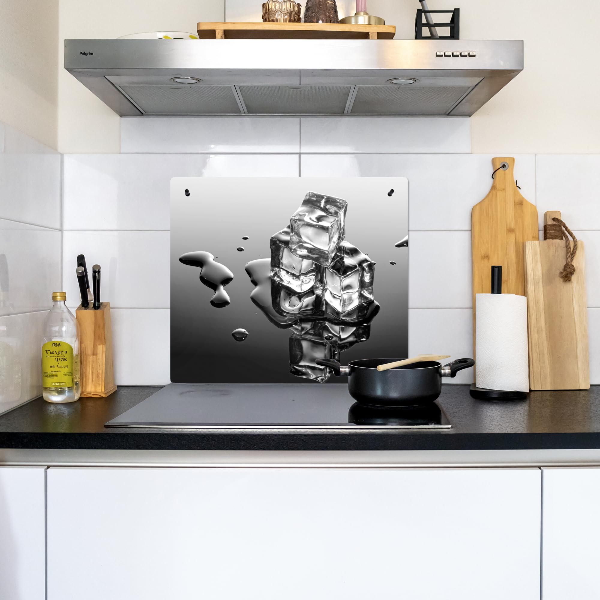KitchenYeah© Antisalpicaduras Cocina 52x60 cm Protector Salpicaduras Pared Chapa Kitchen Panel Vitrocerámica Accesorios Salpicadero Decoración Hielo - Agua - Gris - Negro | 60 x 52 cm – Revestimiento de pared, placa de cubierta para estufa hielo – Agua –