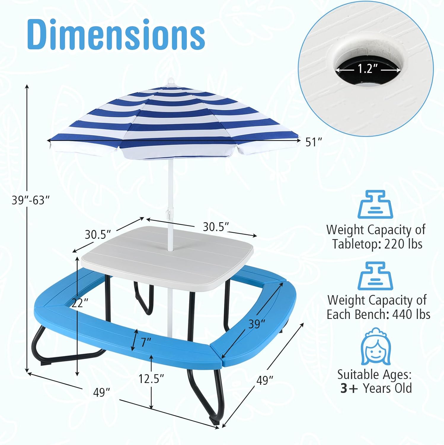 KOTEK 8-Person Kids Picnic Table, Toddler Activity Table with Removable Umbrella, 4 Built-in Benches, HDPE Top & Metal Frame, Kids Outdoor Table for Patio Garden Backyard (White+Blue)