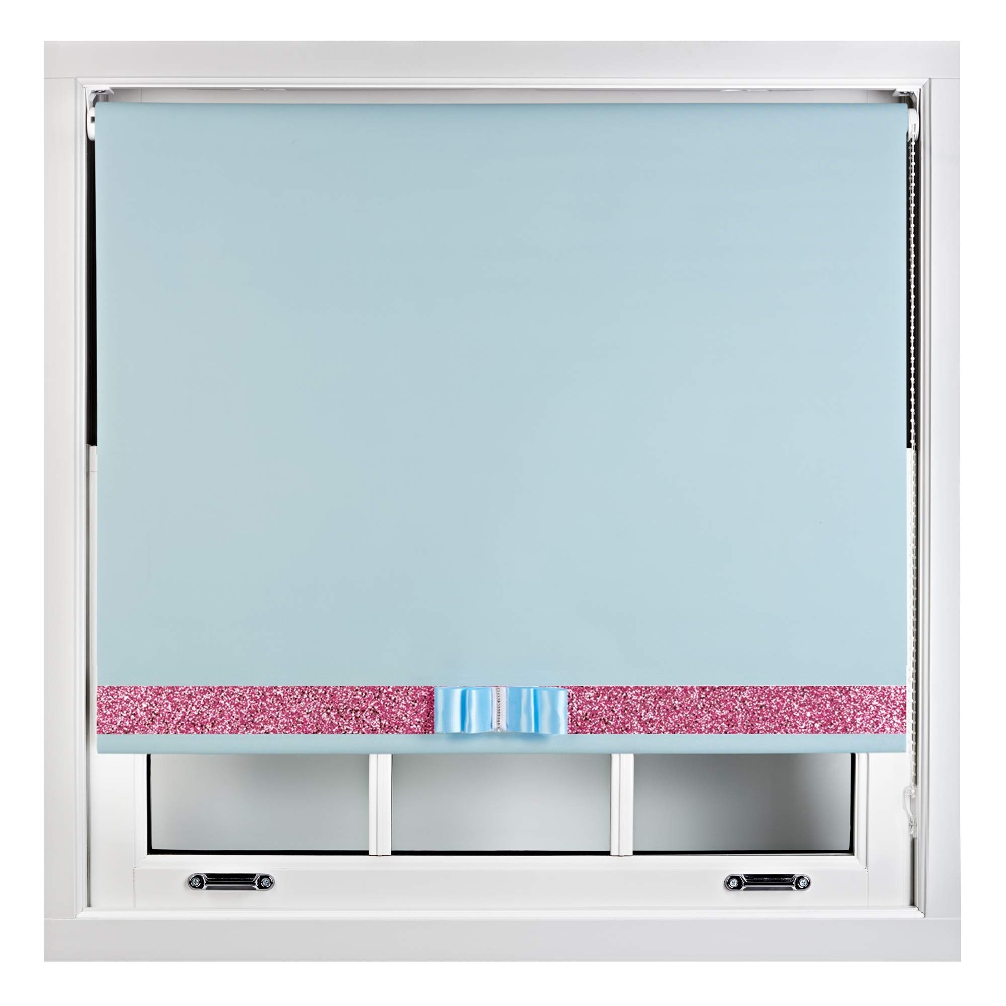 FURNISHED Blackout Roller Blinds Decorative Glitter Fabric & Bow - Trimmable - Duck Egg Blue 75W x 165H cm