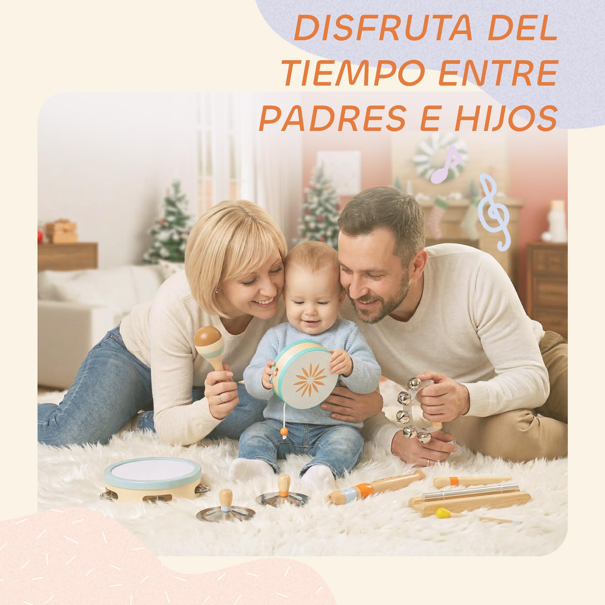 AIYAPLAY Instrumentos Musicales Infantiles 10 Piezas Madera Montessori | Set de Percusión con Pandereta y Maracas, Regalo para Niños y Niñas de+ 3 Años, para Cumpleaños