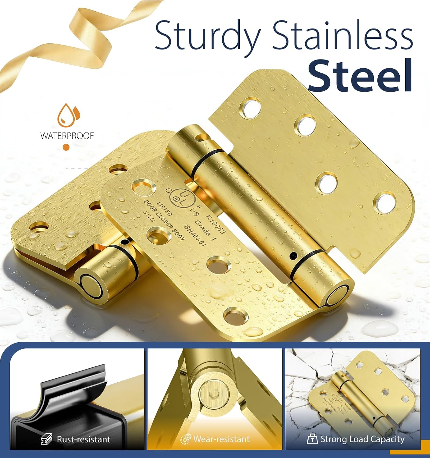 2-Pack Self Closing Door Hinges, 4 Inch Spring Loaded Door Hinges, Adjustable Tension for Exterior,Garage, Front Back Door,Left Right Hand Door, 5/8'' Radius Corners,UL Listed,Gold