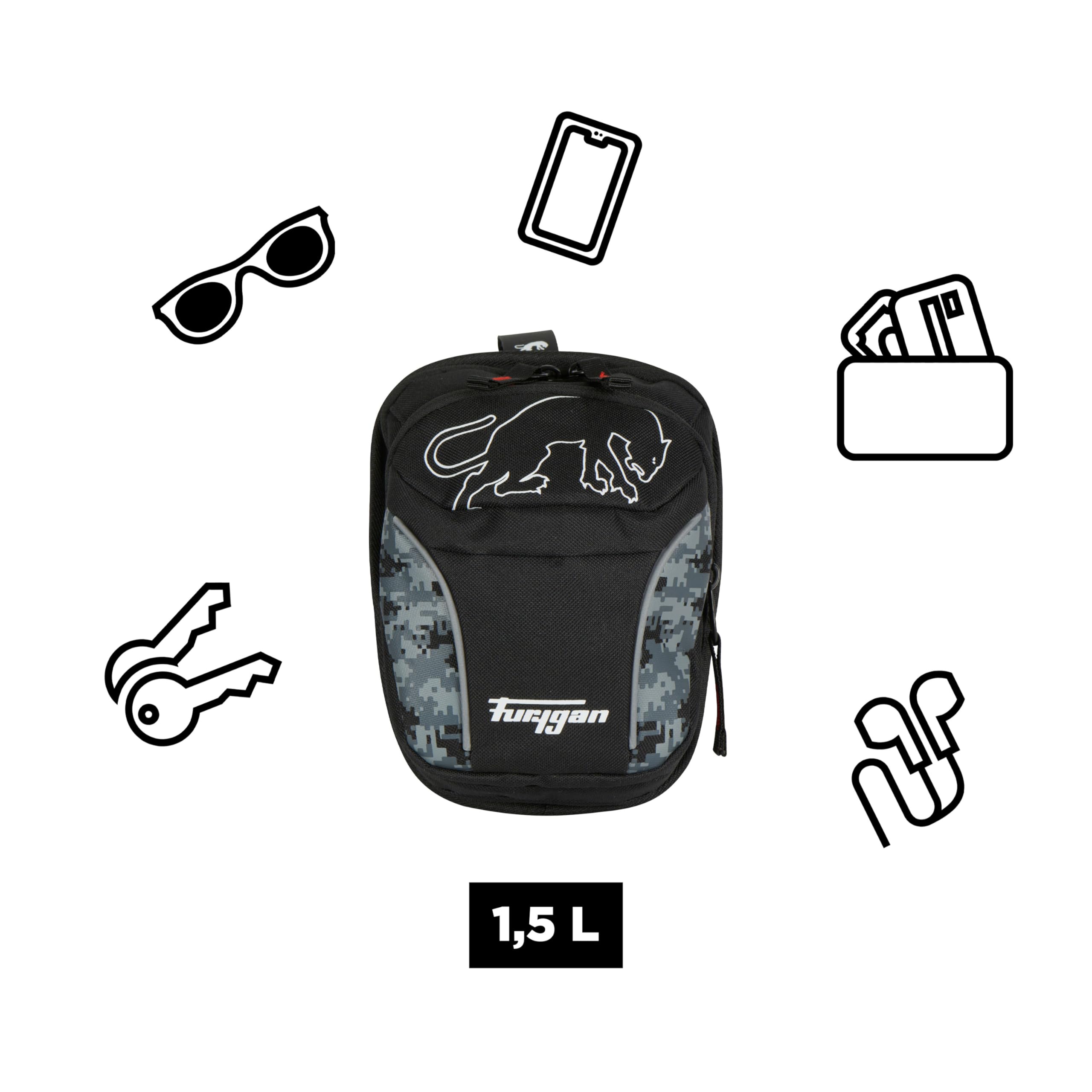 Furygan Colt Evo 2 Pixel - Borsa da gamba per moto - 1,5L impermeabile con cinghie regolabili e inserti riflettenti - Borsa da coscia per motociclisti