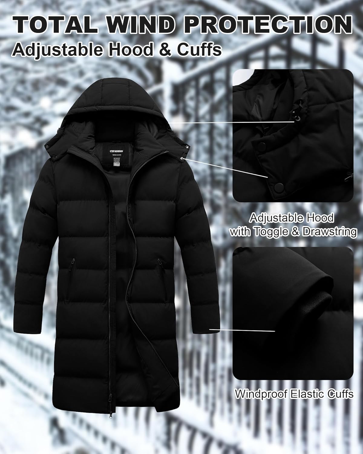 Men's Winter Coat Extra Long Puffer Jacket Waterproof Thicken Parka Insulated Outerwear with Removable Hood - Image 5