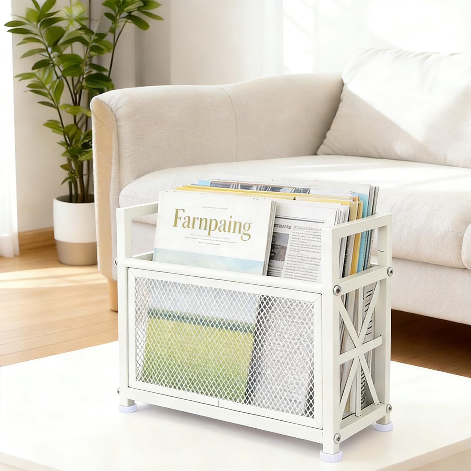 Portariviste da pavimento, in metallo, porta riviste da pavimento, in rete bianca, per riviste, libri, giornali, tablet