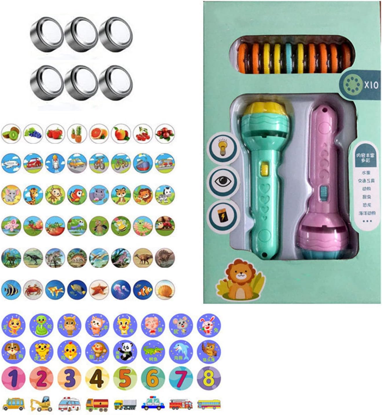 Early Educational Light-up Sleep Light Preschool Fairy Tale Projection Lamp Projector Torch for Kids Pink+ Green